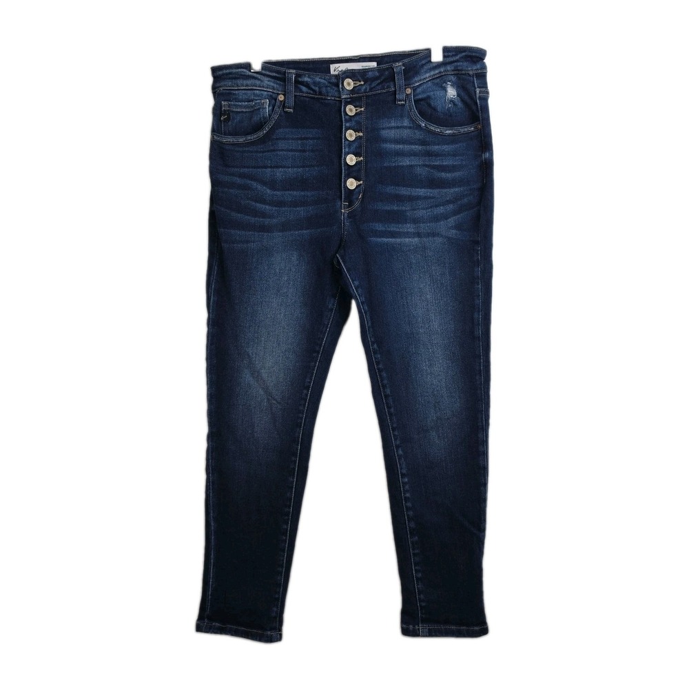 KanCan Capri Jeans Women's 30 Dark Wash Blue Skinny Leg Button Fly Distressed